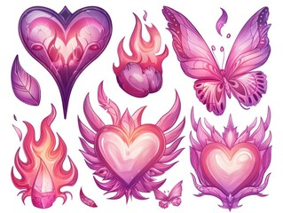 Hearts with wings and flowers