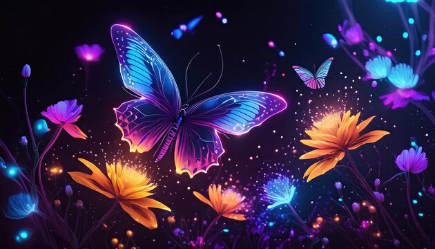 Neon butterfly,  butterfly and flowers, neon light butterfly and colorful neon lights flower, particles background