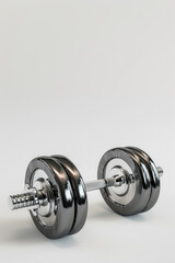 A silver dumbbell with a black handle is sitting on a white background