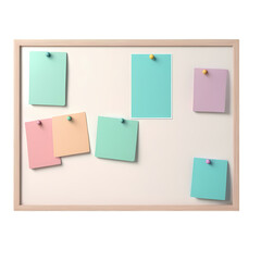 Whiteboard with colorful sticky notes attached by pins, ideal for planning, organization, or displaying ideas in an office or classroom setting. Isolated on PNGs transparent background.