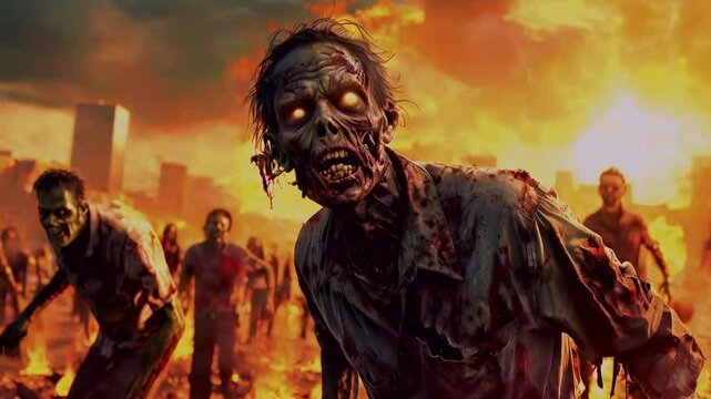 A Horde Of Terrifying Zombies With Glowing Eyes In A Post-Apocalyptic City 