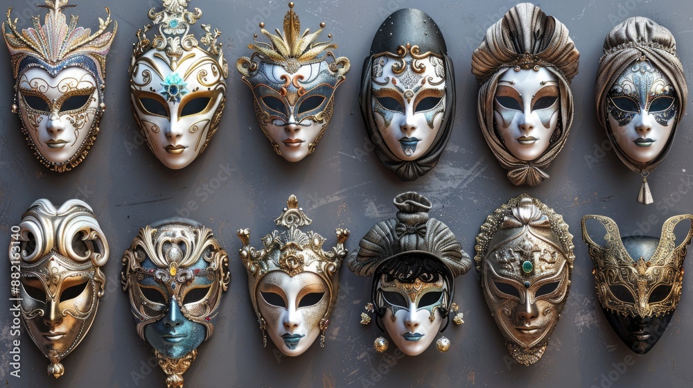 Poster a collection of face masks or decorative designs on a wall, possibly for storage or display
