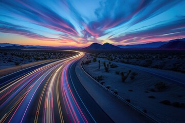 Obraz premium Light trails from tail lights on desert mountain road northern lights