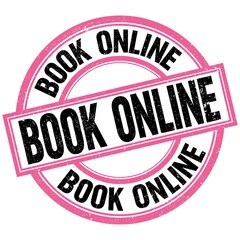 BOOK ONLINE text on pink-black round stamp sign