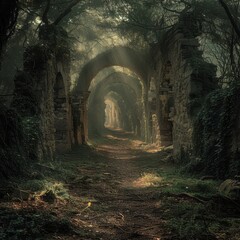 Fototapeta premium Mystic Forest: Enchanting Scene of Ancient Ruins and Overgrown Pathway