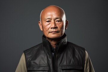 Obraz premium Portrait of a content asian man in his 60s dressed in a water-resistant gilet isolated in plain cyclorama studio wall