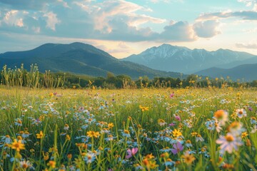 Obraz premium Tranquil Meadow: Dreamy Scene with Blossoming Wildflowers and Distant Mountains