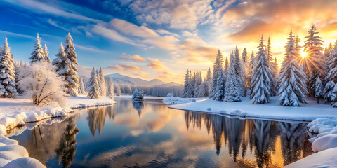 Obraz premium Fantastic winter landscape with frozen lake. Dramatic wintry scene. Beauty world.