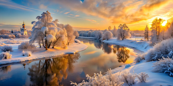 Sunrise over the Nerl river and the Church of the Intercession of the Holy Virgin on the Nerl River, Russia