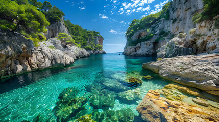Stunning view of a rocky coastal cove with crystal clear turquoise waters, lush greenery, and blue sky, ideal for a serene escape.