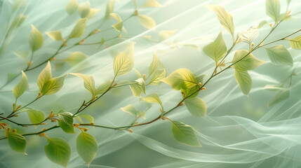 Delicate Branch with Light Green Leaves & Flowing White Fabric in Soft Glow