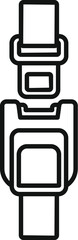 Simple line art icon of a fastened seat belt buckle, emphasizing the importance of safety