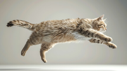 Striped tabby cat jumping through air on white background