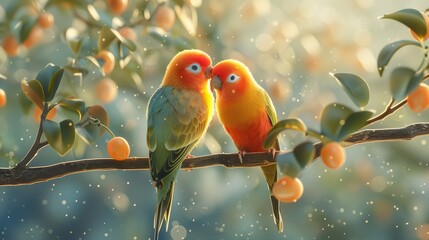 A delicate and charming painting of a pair of lovebirds perched on a branch, intricately detailed on the surface of glass. 
