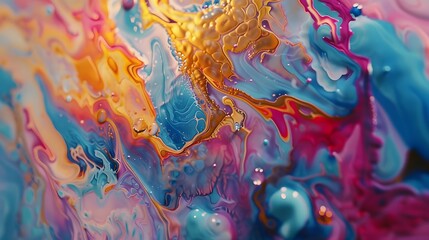 Beautiful abstraction of liquid paints in slow blending flow mixing together gently. 