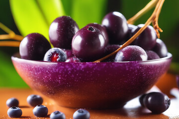 Fototapeta premium close up on splashed acai with colored berry fruit in colored background ,berry consept
