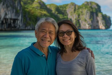 Obraz premium Portrait of a cheerful asian couple in their 60s sporting a long-sleeved thermal undershirt in front of beautiful lagoon background