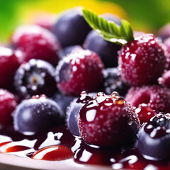 close up on splashed acai with colored berry fruit in colored background ,berry consept