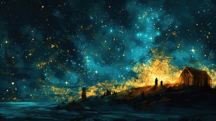 The Nativity Scene at Night with Celestial Glow

