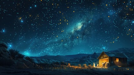 The Nativity Scene at Night with Celestial Glow

