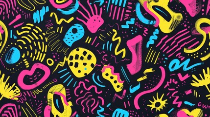 A fun and quirky pattern with abstract shapes and squiggles in bright, neon colors. The playful design is full of movement and creativity
