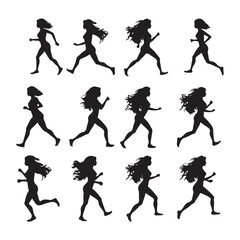 Set of Girl Run Cycle Animation Sprite Sheet jogging silhouette white background
