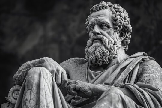 A highly detailed and intricate statue of a bearded man in ancient Greek or Roman style, showcasing masterful sculpture techniques and lifelike realism in an outdoor setting