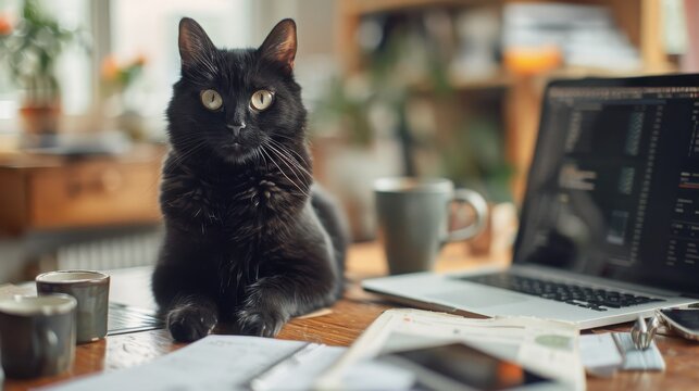 A sleek black cat sitting on an office desk with a laptop, coffee mug, and documents scattered around
