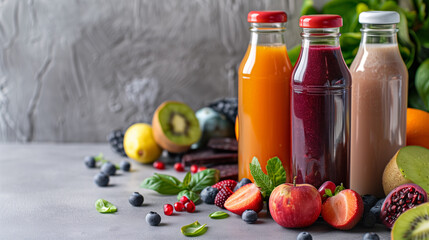 Vibrant Vegan Beverages. A colorful array of fruit smoothies and electrolyte-rich drinks