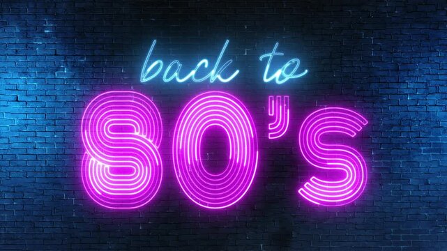 Back to 80's text font with neon light. Luminous and shimmering haze inside the letters of the text Back to 80s. 