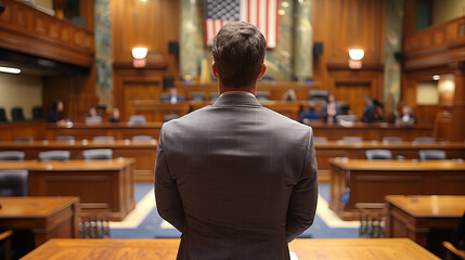 Man in suit facing U.S. Congress chamber, preparing to testify before committee. Concept of government, politics, legislation, and democratic process.