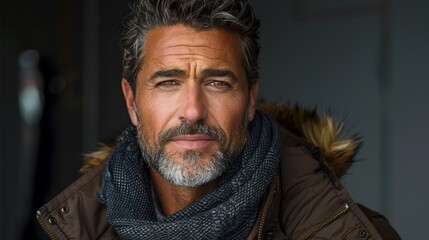 Fototapeta premium A mature man with a contemplative expression, wearing a warm jacket and a scarf, in a casual indoor setting