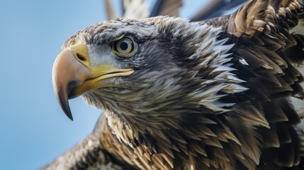 Fototapeta premium Close-up of a majestic eagle with striking yellow beak and piercing eyes, showcasing intricate feather details against a blue sky.