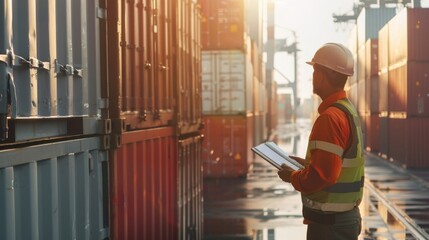 Industrial worker with a clipboard inspecting shipping containers at a port during sunset.