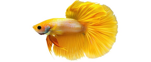 Fototapeta premium Detail of yellow betta fish or Siamese fighting fish isolated on a white background, showcasing vibrant and intricate natural beauty