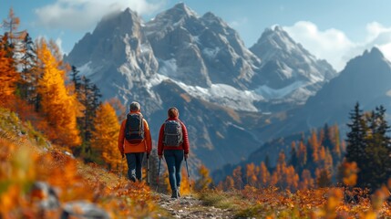 Two elderly backpackers trekking through a colorful autumn forest with stunning snow-capped mountains in the background, showcasing active senior lifestyle and travel.