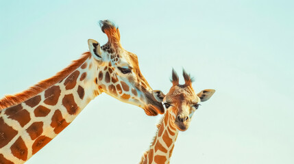 Mother giraffe showing affection to baby giraffe in nature