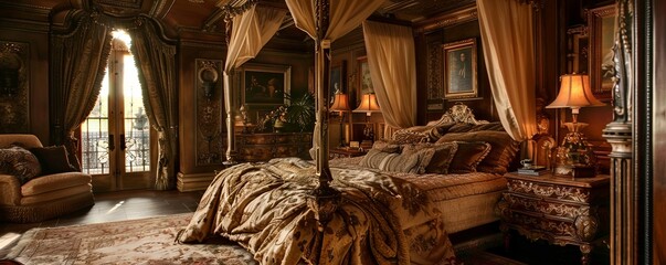 Lavish bedroom with a canopy bed and rich fabrics.