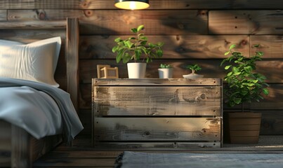 Rustic bedroom with a blank wooden crate.