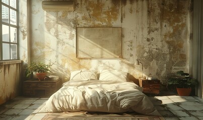 Urban bedroom with an empty photo string.