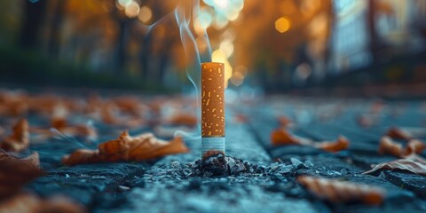 A close-up photograph of a discarded and smoldering cigarette butt laying on a cobblestone street amidst fallen autumn leaves with a soft focus background