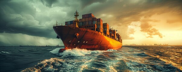 An immense cargo ship gracefully navigates through the turbulent ocean waters during a dramatic golden sunset with stormy clouds in the background