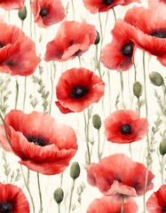 Obraz premium beautiful flower meadow wild seamless poppies background red watercolor poppy green nature pattern blossom vintage