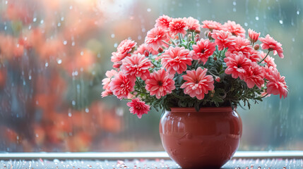 A beautiful, colorful indoor pot, vase or cup on a window sill filled with a bouquet of vibrant...