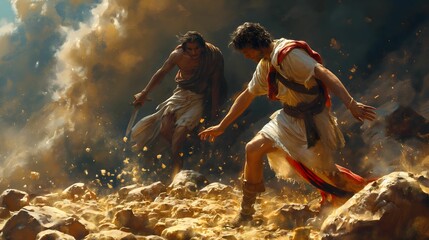 Biblical Illustration, Cain Attempts to Kill His Brother Abel
