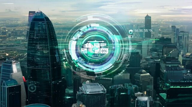 A futuristic cityscape at night, glowing with a network of lights that resembles a digital circuit board