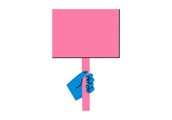Hand drawn cute cartoon illustration hand with blank strike banner. Flat vector arm holding sign board sticker in doodle style. News alert icon. Communication speaker. Social protest. Isolated.