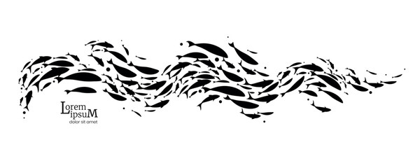 Fototapeta premium Large flock of fish. Silhouettes of swimming sea fish. Vector illustration.