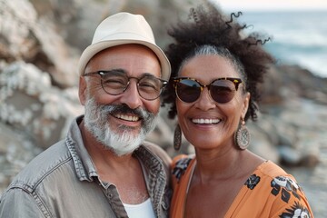 Portrait of a grinning mixed race couple in their 50s wearing a trendy sunglasses on rocky shoreline background