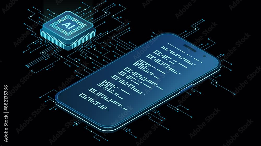 Poster isometric smartphone with ai animation. artificial intelligence and smartphone concept. smartphone w